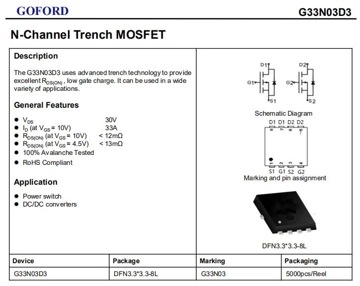 Transistor Mosfet Dual N-Channel Max Vdss 30V Drain Current 33A G33n03D3